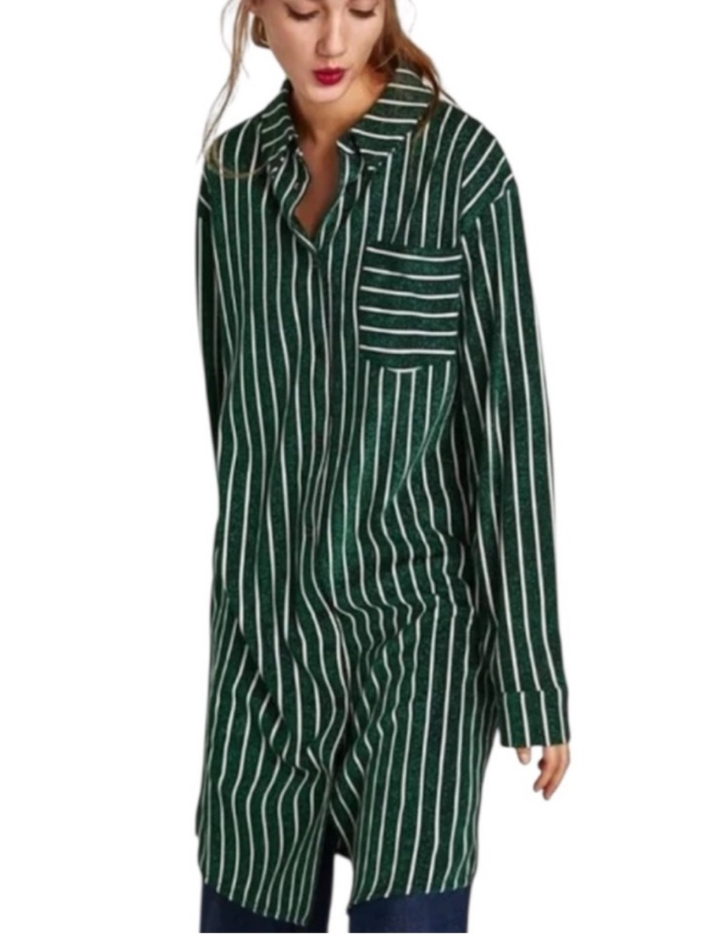 Zara sparkle Green and White Striped Long Shirt Dress
